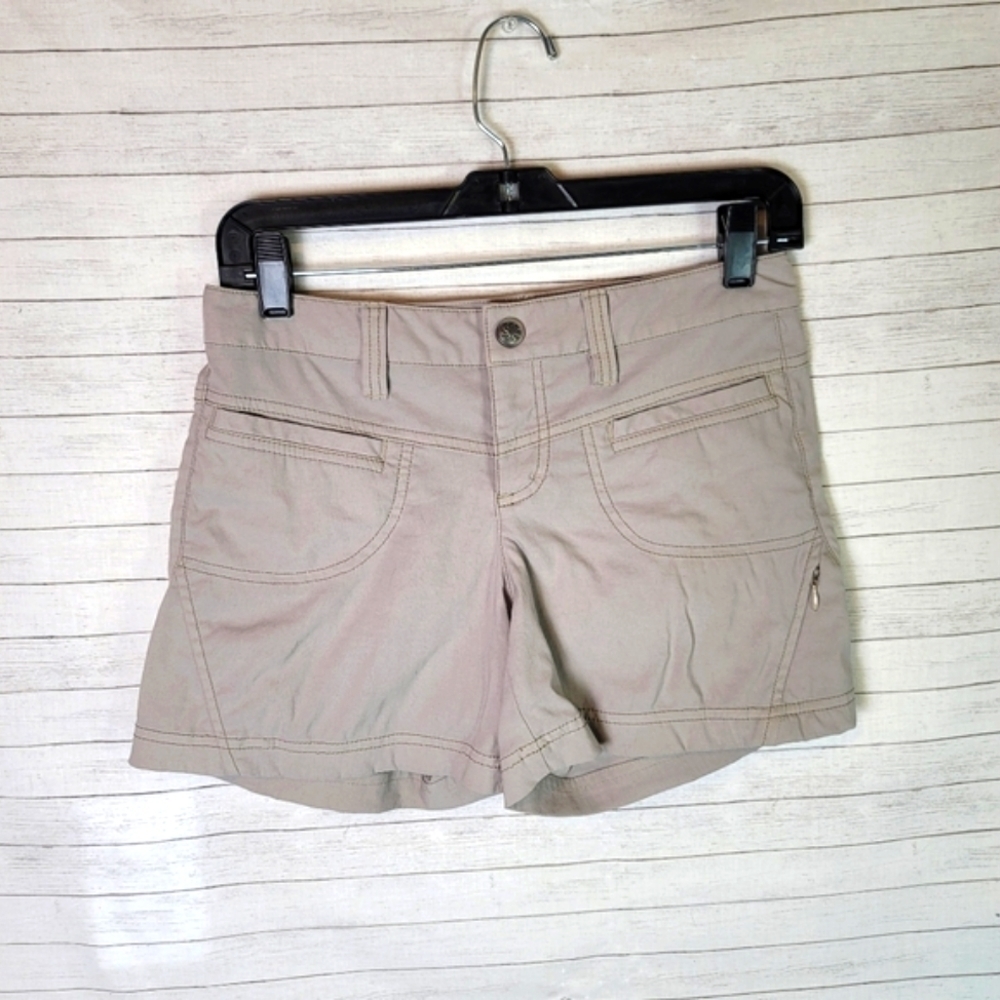 ATHLETA GRAY TAUPE FRONT POCKET SHORTS, SZ 0